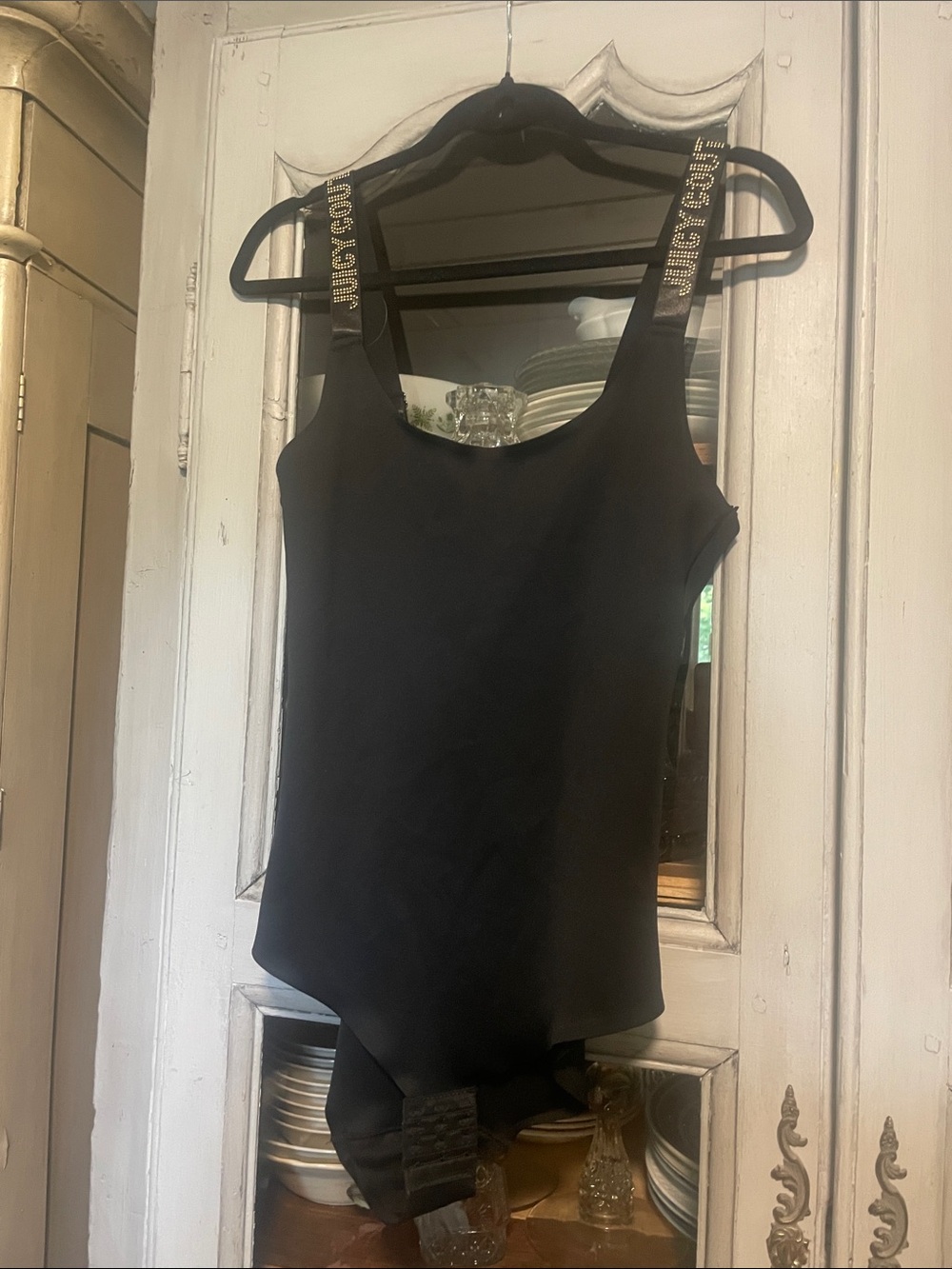 New w/o tag Juicy Couture Black Scoop Neck Bodysuit with Embellished Logo Straps